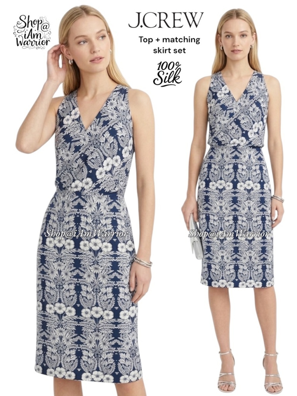 J.Crew Abigail Borg 2PC tropical silk top & matching midi skirt